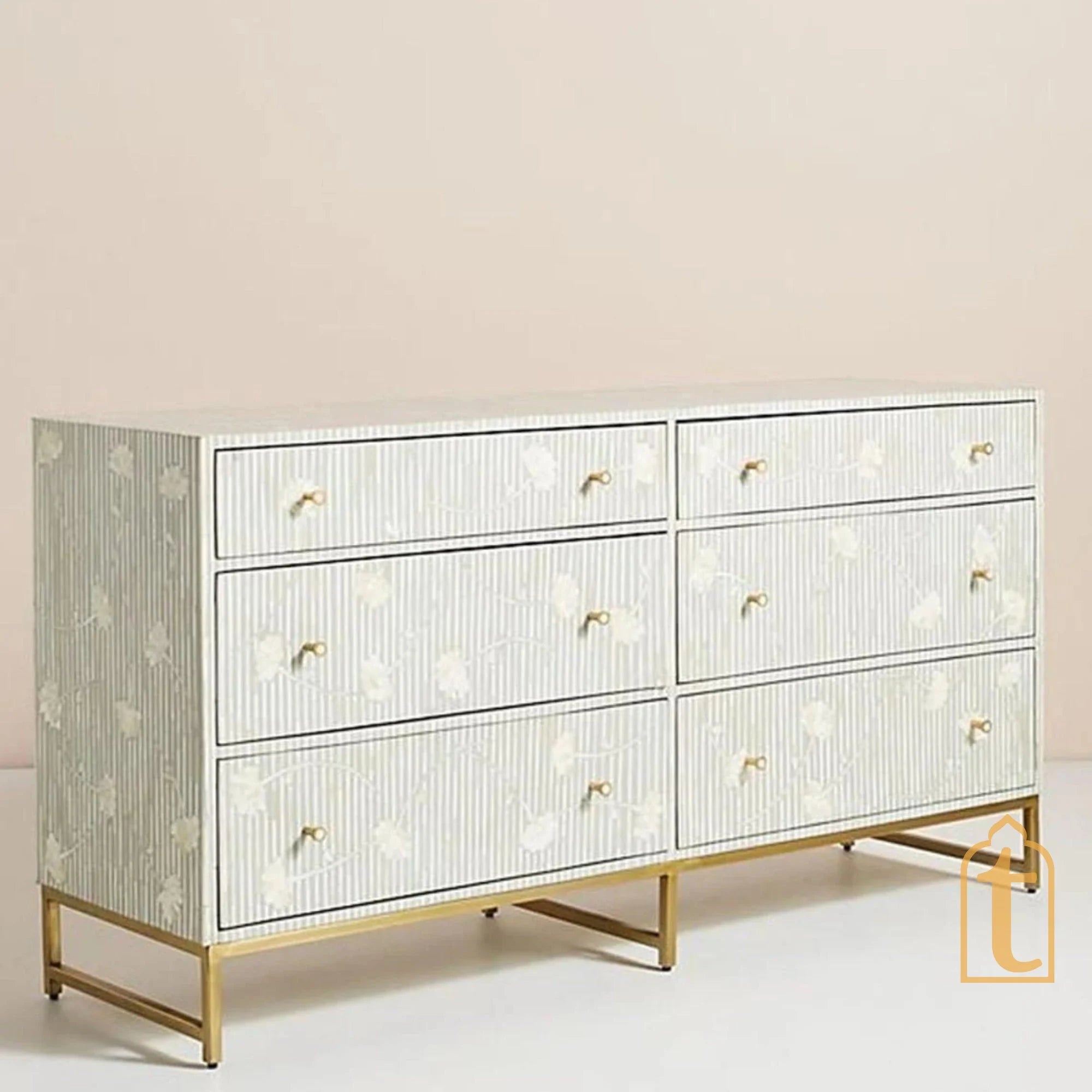 Bone Moroccan Inlay 6 Drawers Chest of Drawers / Bone Inlay 6 Drawers Dresser / Bone Inlay Chest of Drawers / Bone Inlay Furniture Sideboard Unit.