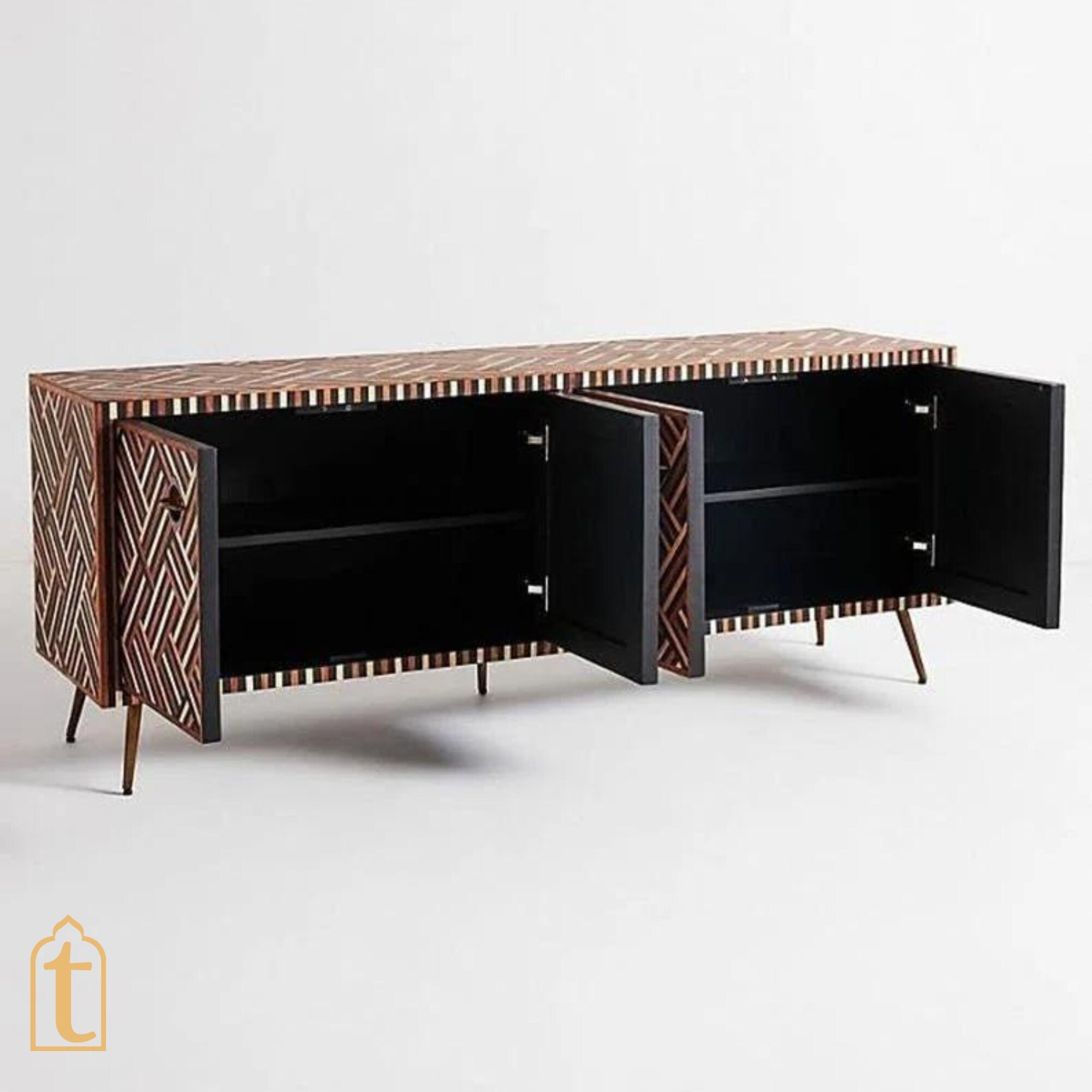 Bone Inlay Console / Bone Inlay Chest of Drawers / Bone Inlay Storage Unit / Bone Inlay Rani Sideboard With Brass Base / Media Console / Wood Media Cabinet.