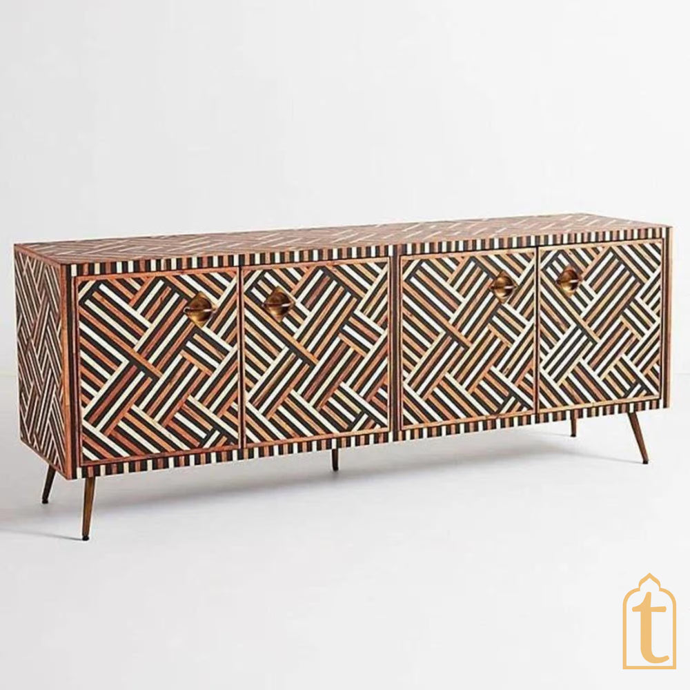 Bone Inlay Console / Bone Inlay Chest of Drawers / Bone Inlay Storage Unit / Bone Inlay Rani Sideboard With Brass Base / Media Console / Wood Media Cabinet.