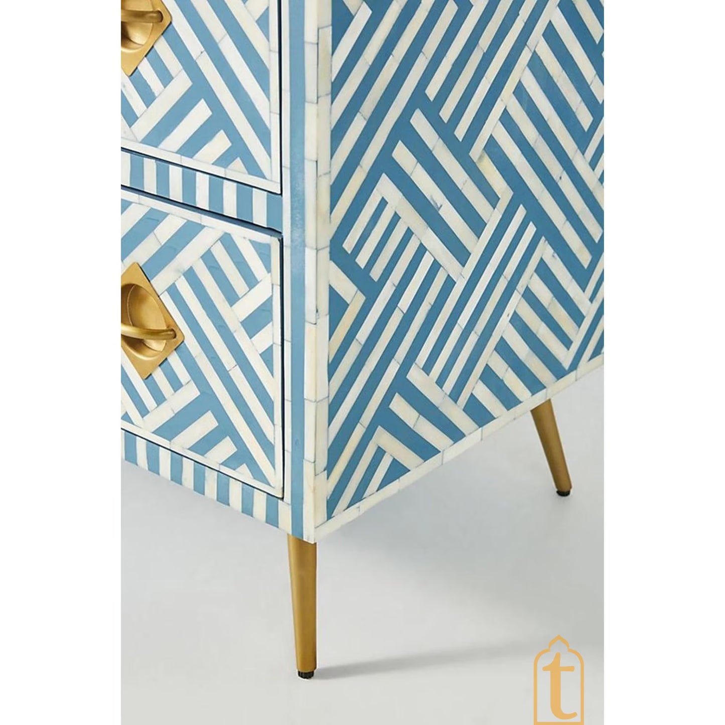 Wooden Bone Inlay Chest of 3 Drawers stripe Blue with Brass Legs, Bone Inlay Dresser, Bone Inlay Sideboard, Bone Inlay Furniture, Optical Cabinet.