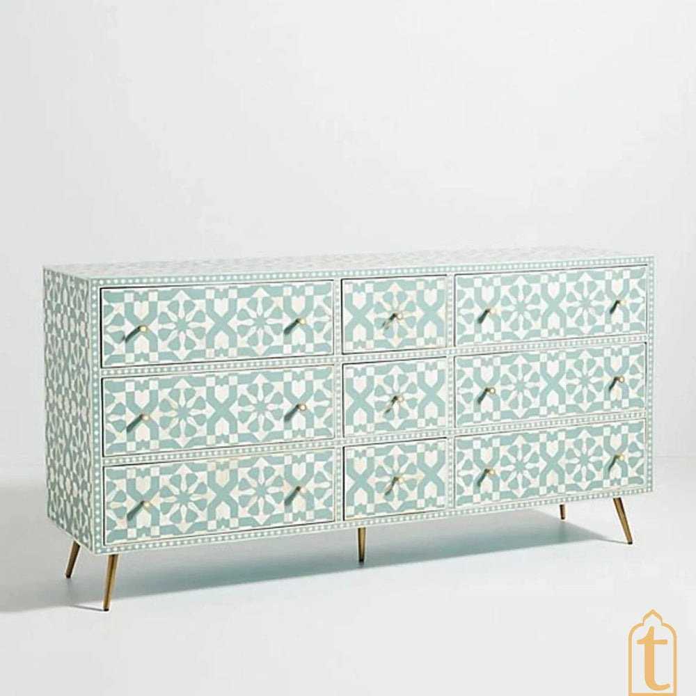 Wooden Bone Inlay Sideboard / Wooden Bone Inlay 9 Drawer Dresser / Bone Inlay Chest of 9 Drawer / Bone Inlay Buffet Large Dresser / Storage Unit.