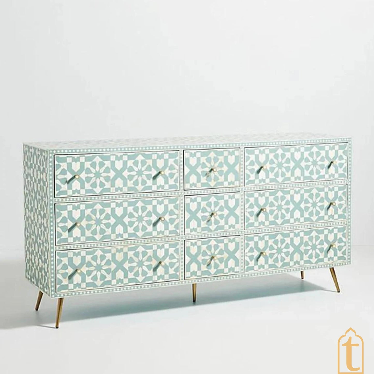 Bone Inlay Sideboard, Wooden Bone inlay 9 Drawer Dresser, Bone Inlay Chest of 9 Drawer, Bone inlay Buffet, Large Dresser, Storage Unit.