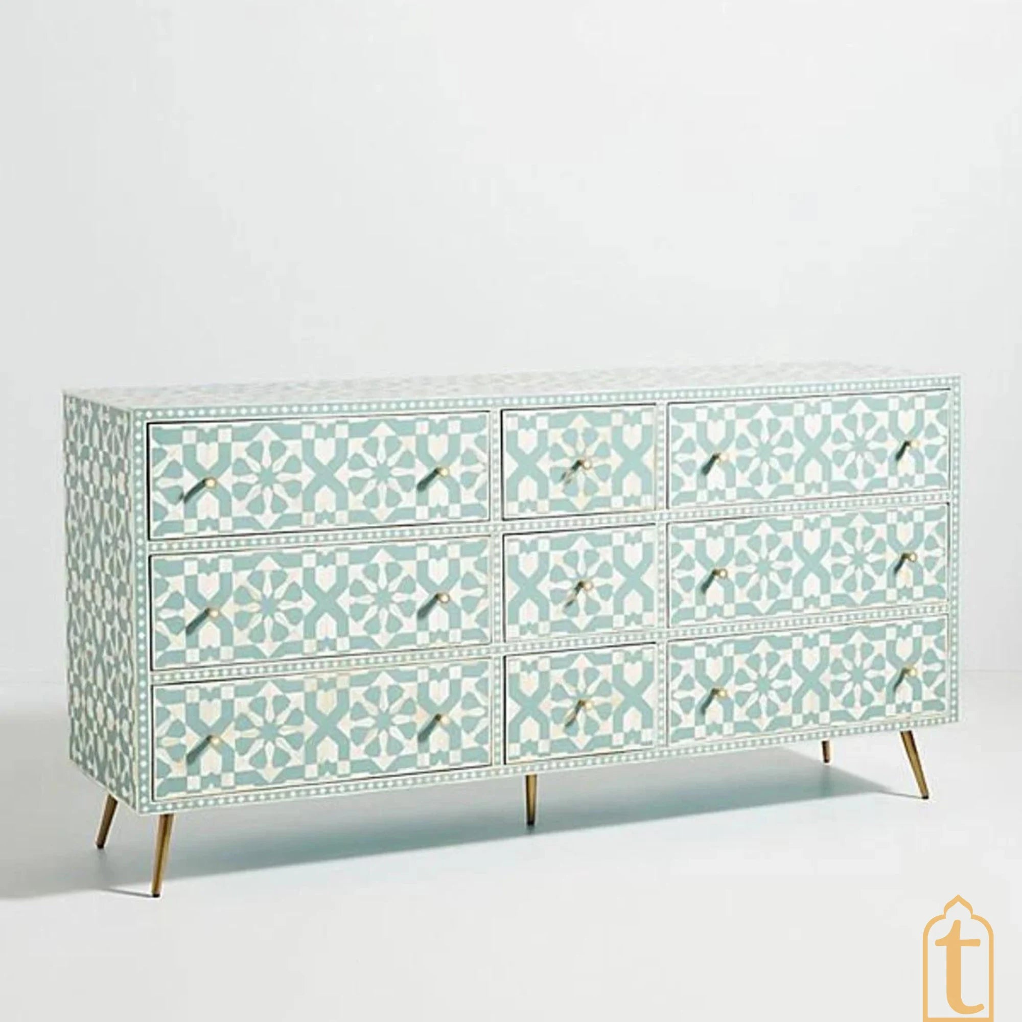 Wooden Bone Inlay Sideboard / Wooden Bone Inlay 9 Drawer Dresser / Bone Inlay Chest of 9 Drawer / Bone Inlay Buffet Large Dresser / Storage Unit.