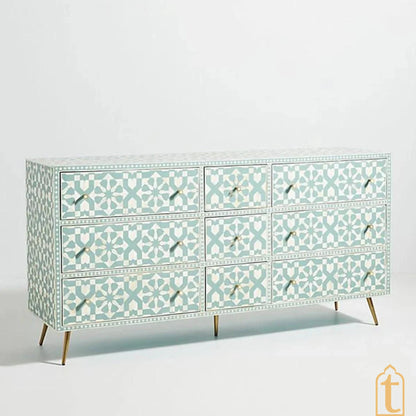 Bone Inlay Sideboard, Wooden Bone inlay 9 Drawer Dresser, Bone Inlay Chest of 9 Drawer, Bone inlay Buffet, Large Dresser, Storage Unit.