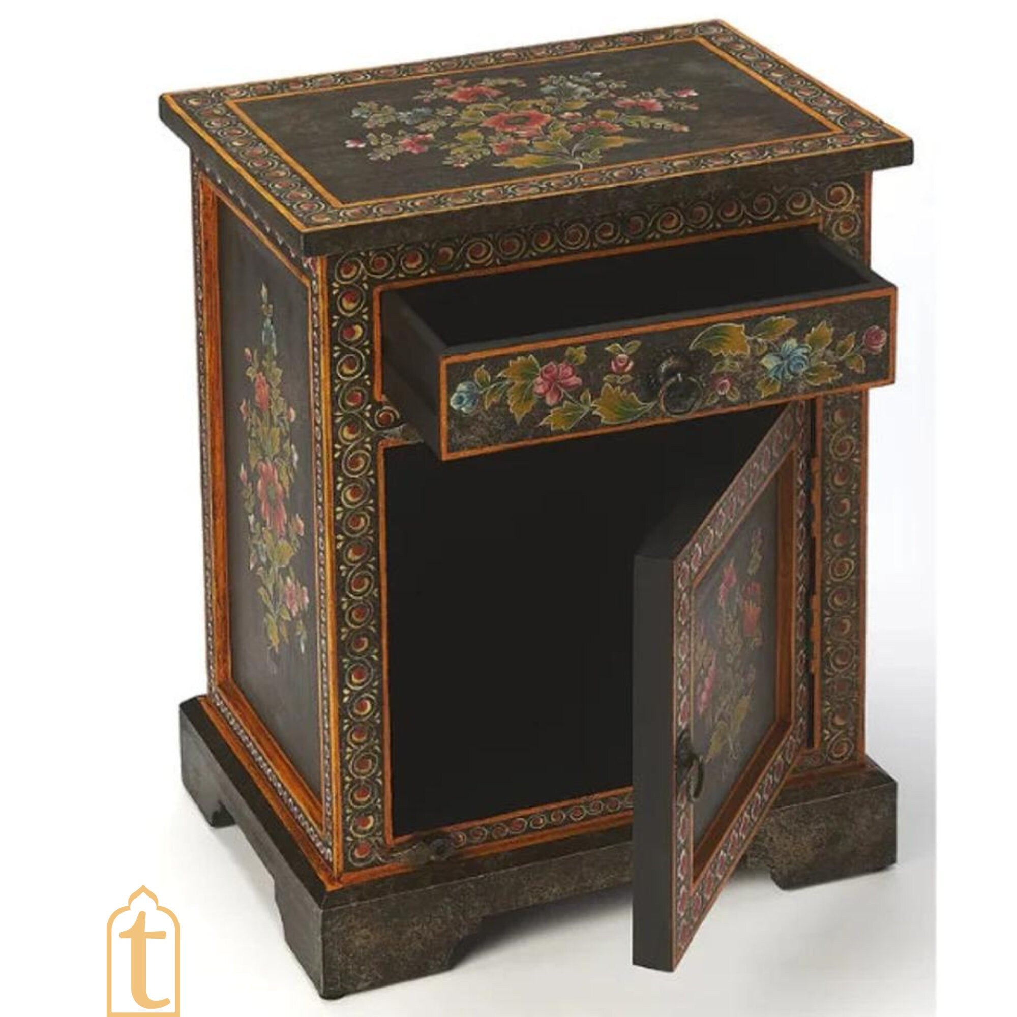 Wooden Rajasthani Indian Bedside Furniture / Home Décor Side Table With Chest Drawer / Hand Painted With Finish Polished / Living Room Cabinet