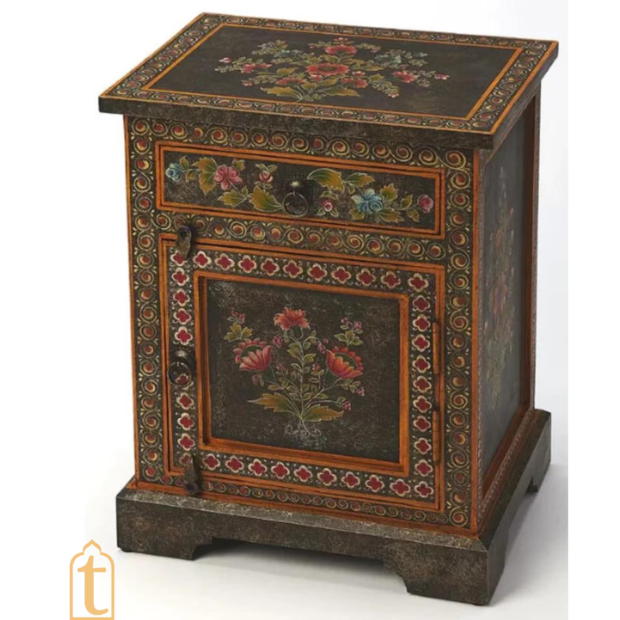 Wooden Rajasthani Indian Bedside Furniture / Home Décor Side Table With Chest Drawer / Hand Painted With Finish Polished / Living Room Cabinet