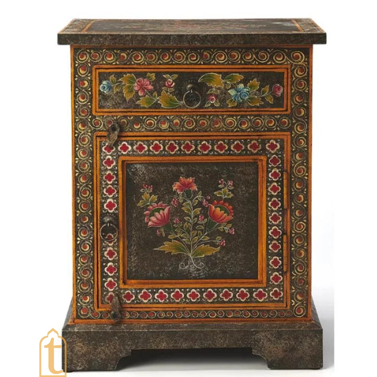 Rajasthani Indian Bedside Furniture/Home Decor Side Table With Chest Drawer/Hand Painted With Finish Polished/Living Room Cabinet