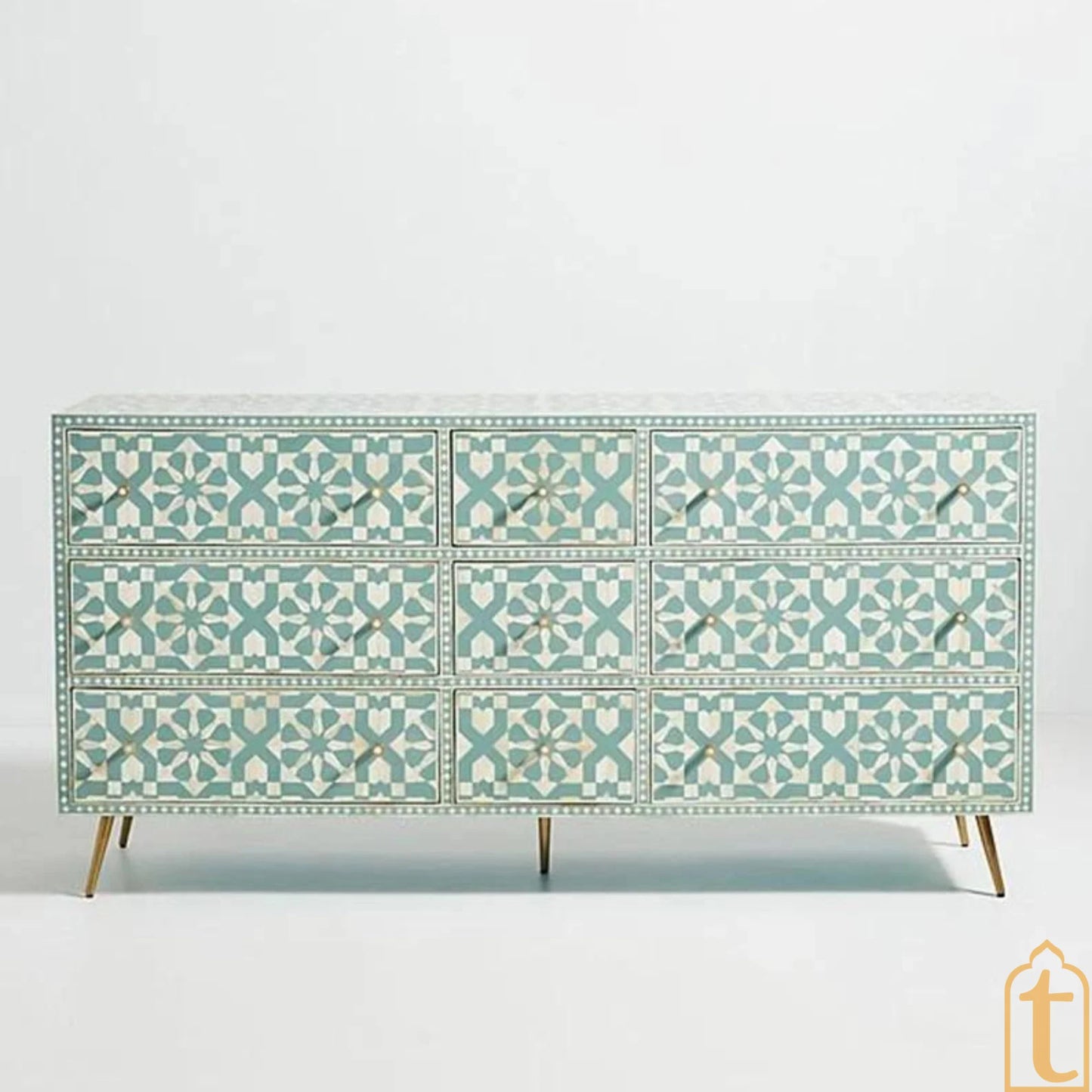 Bone Inlay Sideboard, Wooden Bone inlay 9 Drawer Dresser, Bone Inlay Chest of 9 Drawer, Bone inlay Buffet, Large Dresser, Storage Unit.