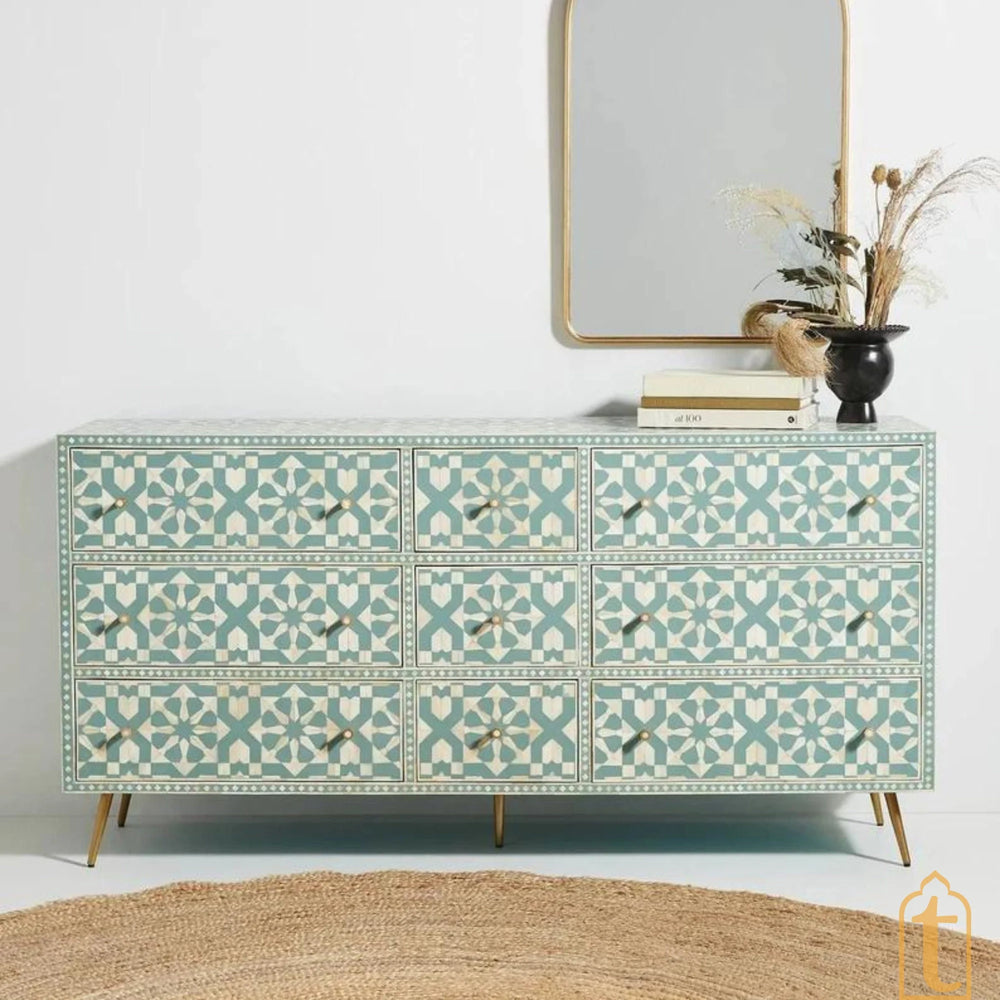 Wooden Bone Inlay Sideboard / Wooden Bone Inlay 9 Drawer Dresser / Bone Inlay Chest of 9 Drawer / Bone Inlay Buffet Large Dresser / Storage Unit.