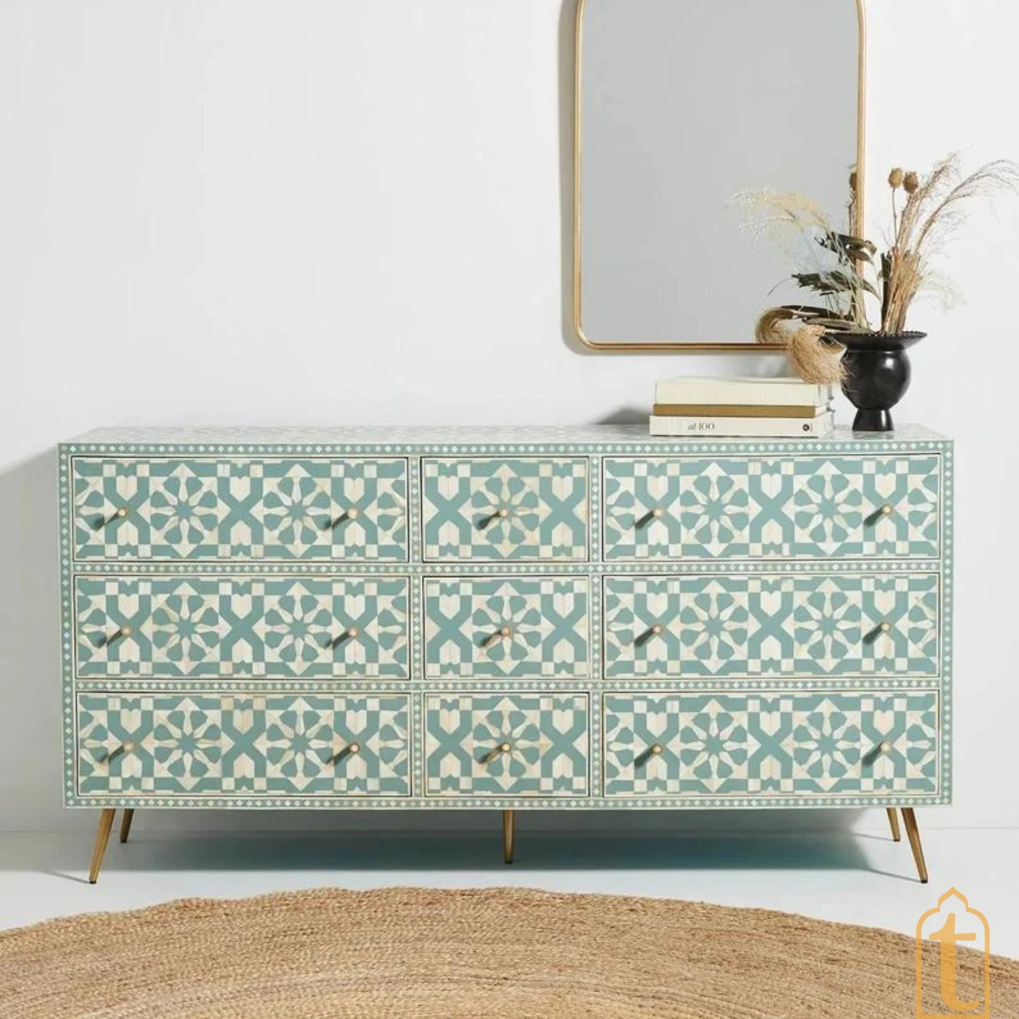 Wooden Bone Inlay Sideboard / Wooden Bone Inlay 9 Drawer Dresser / Bone Inlay Chest of 9 Drawer / Bone Inlay Buffet Large Dresser / Storage Unit.