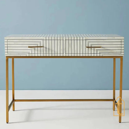 Wooden Bone Inlay Console Table | Hall-Way Entry Table | Bone Inlay 2 Drawer Console Table / Bone Inlay Stripe Desk / Bone Inlay Storage.