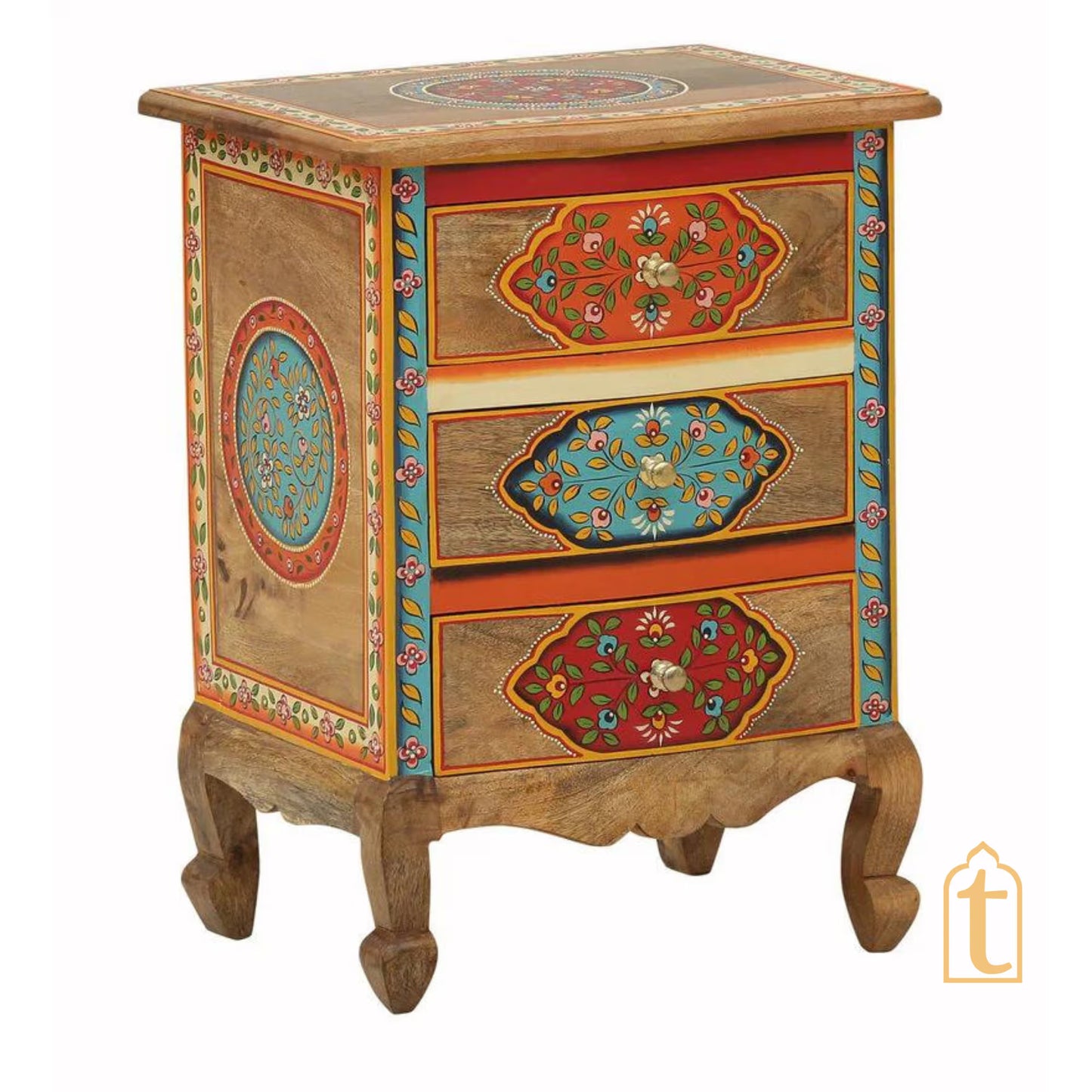 Hand Painted Solid Wood Chest Of Drawer In Multi Color | 3 Chest Of Drawers/Bed Side, Hand Painted Side Table | Decorative Indian furniture.