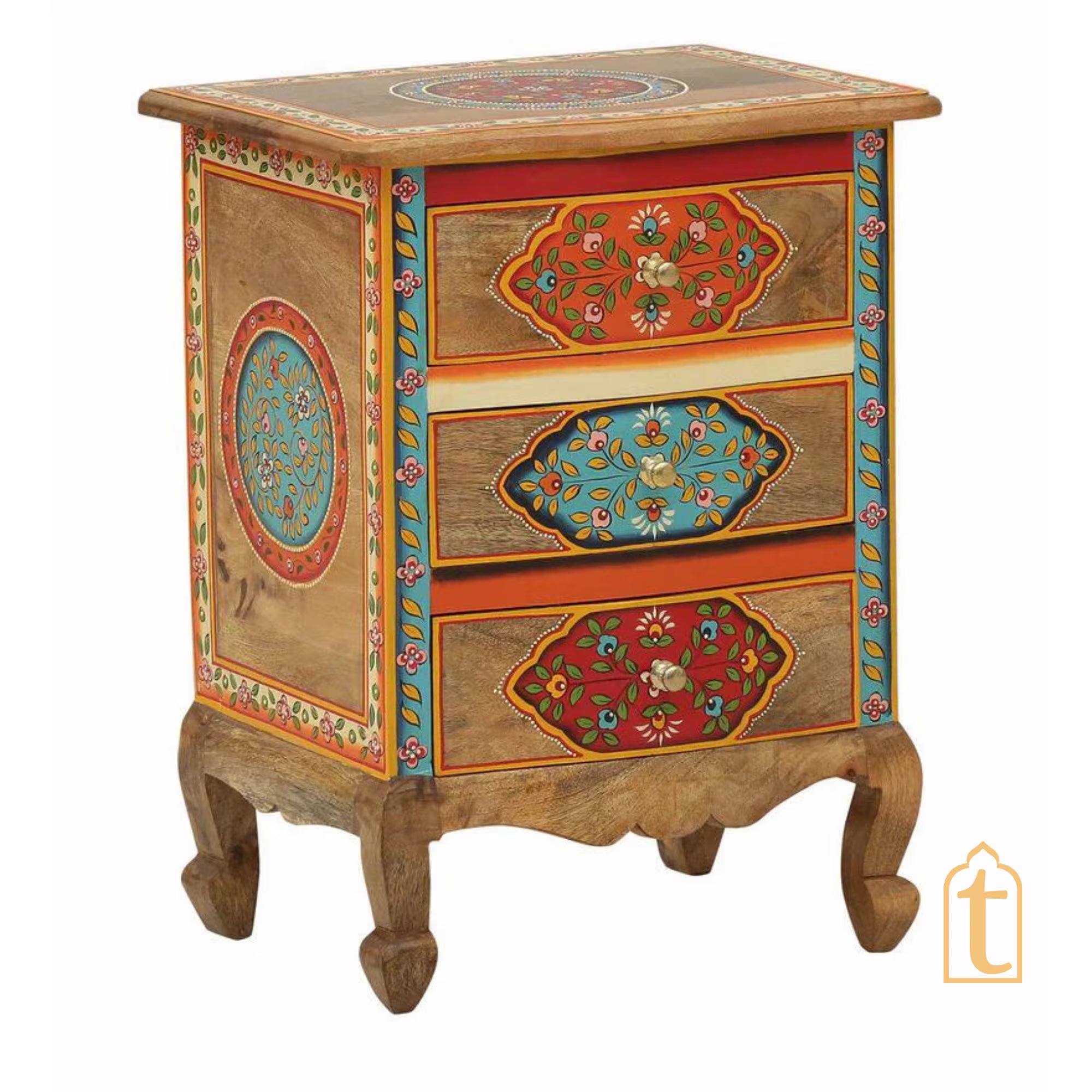 Hand Painted Solid Wood Chest Of Drawer In Multi Color | 3 Chest Of Drawers/Bed Side, Hand Painted Side Table | Decorative Indian furniture.