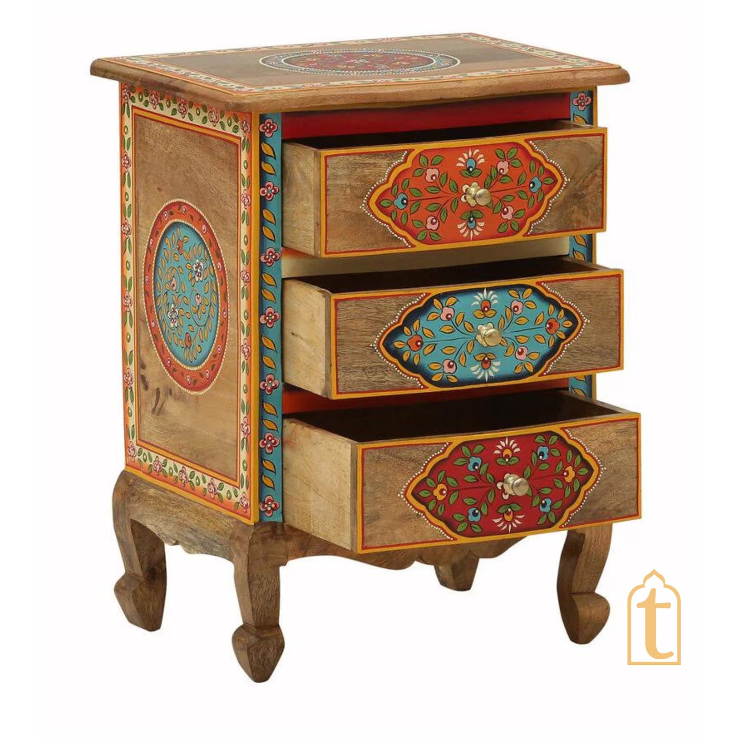 Hand Painted Solid Wood Chest Of Drawer In Multi Color | 3 Chest Of Drawers/Bed Side, Hand Painted Side Table | Decorative Indian furniture.