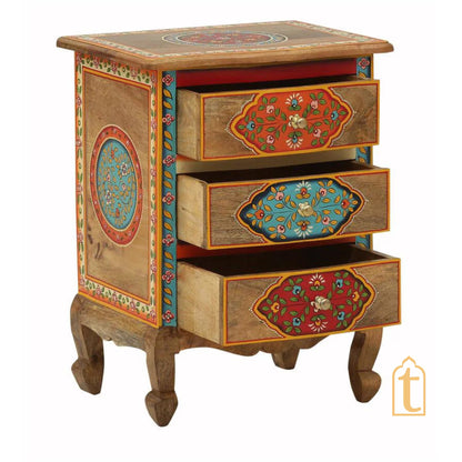 Hand Painted Solid Wood Chest Of Drawer In Multi Color | 3 Chest Of Drawers/Bed Side, Hand Painted Side Table | Decorative Indian furniture.