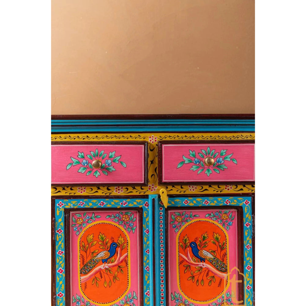Indian Peacock Floral Hand Painted Wooden Cabinet / Side Storage / Wooden Cabinet / Hand Painted Sideboards / Wooden Big Cabinet.