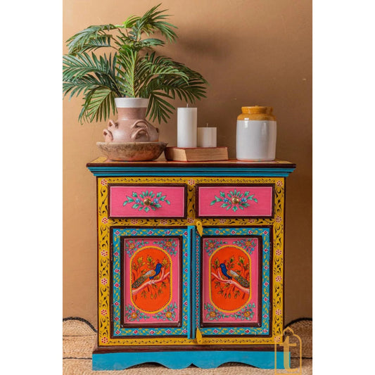 Indian Peacock Floral Hand Painted Wooden Cabinet / Side Storage / Cabinet | Bedside, Side Table, Hand Painted, Wooden Big Cabinet.