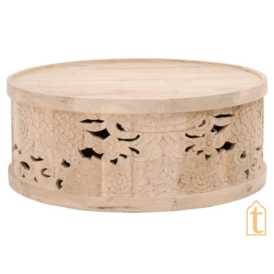 Wooden Crafted Artistic Carved Central Drum Table,Rustic Furniture Table,Indian Vintage Table,Beautiful Cocktail Table,Side Cutting Table