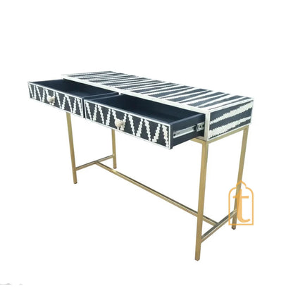 Handmade Bone inlay Console Table,2 Drawer Study table | Hall-Way Entry Table |wooden Bone Inlay 2 Drawer Side Table With Metal Legs.