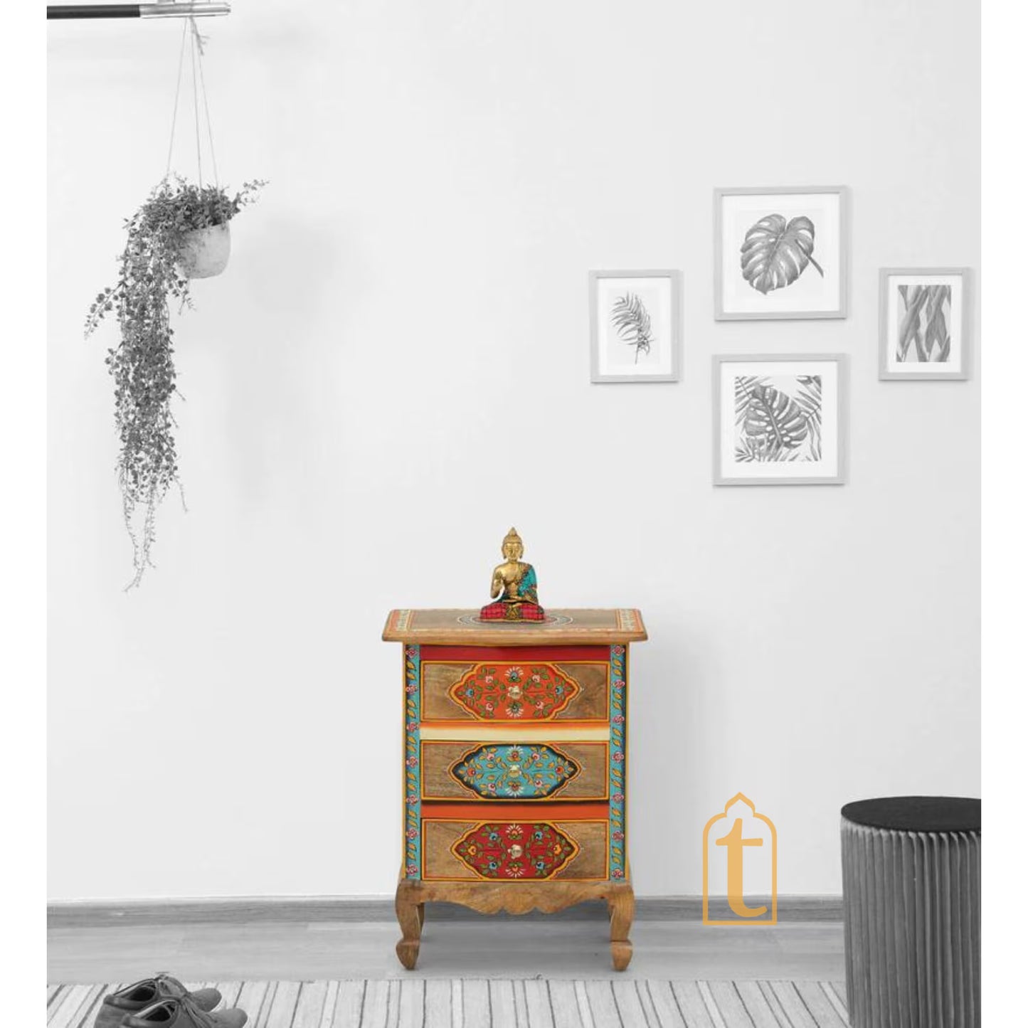 Hand Painted Solid Wood Chest Of Drawer In Multi Color | 3 Chest Of Drawers/Bed Side, Hand Painted Side Table | Decorative Indian furniture.