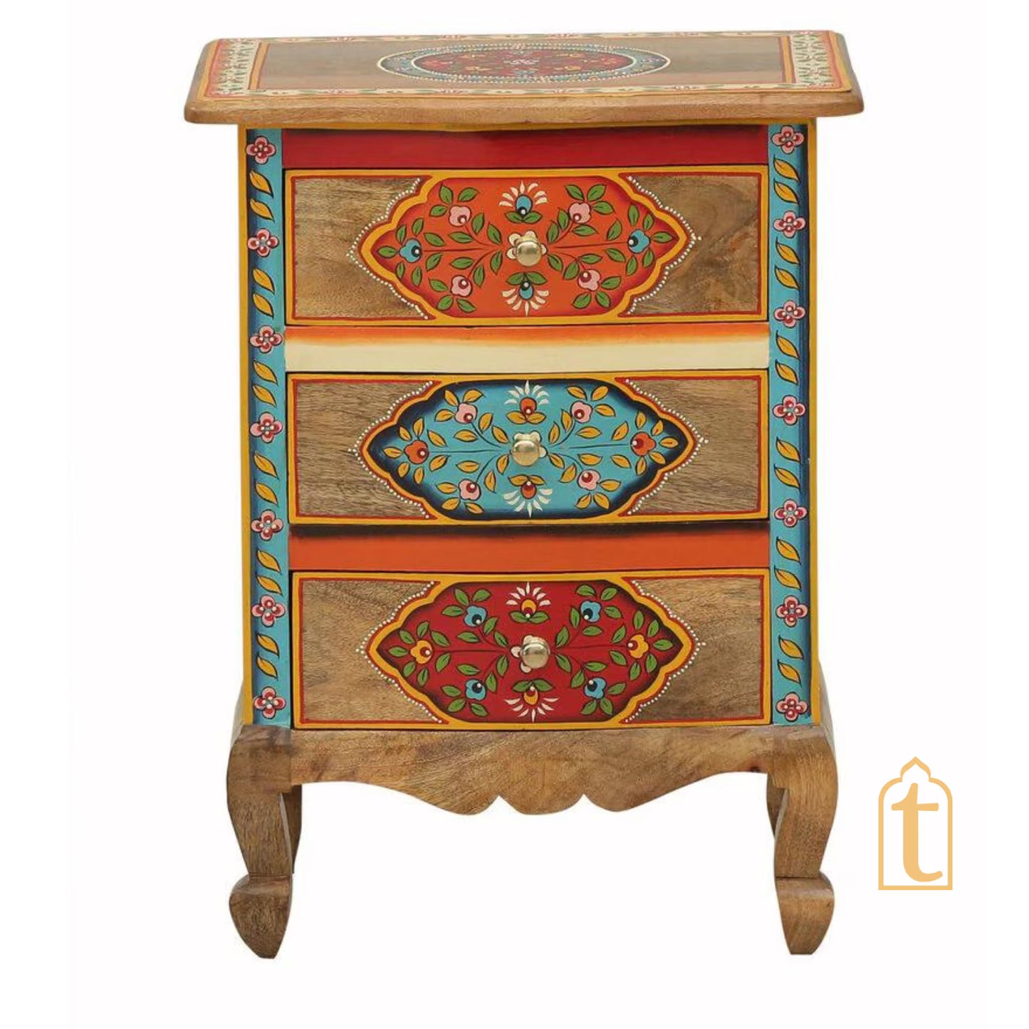 Hand Painted Solid Wood Chest Of Drawer In Multi Color | 3 Chest Of Drawers/Bed Side, Hand Painted Side Table | Decorative Indian furniture.