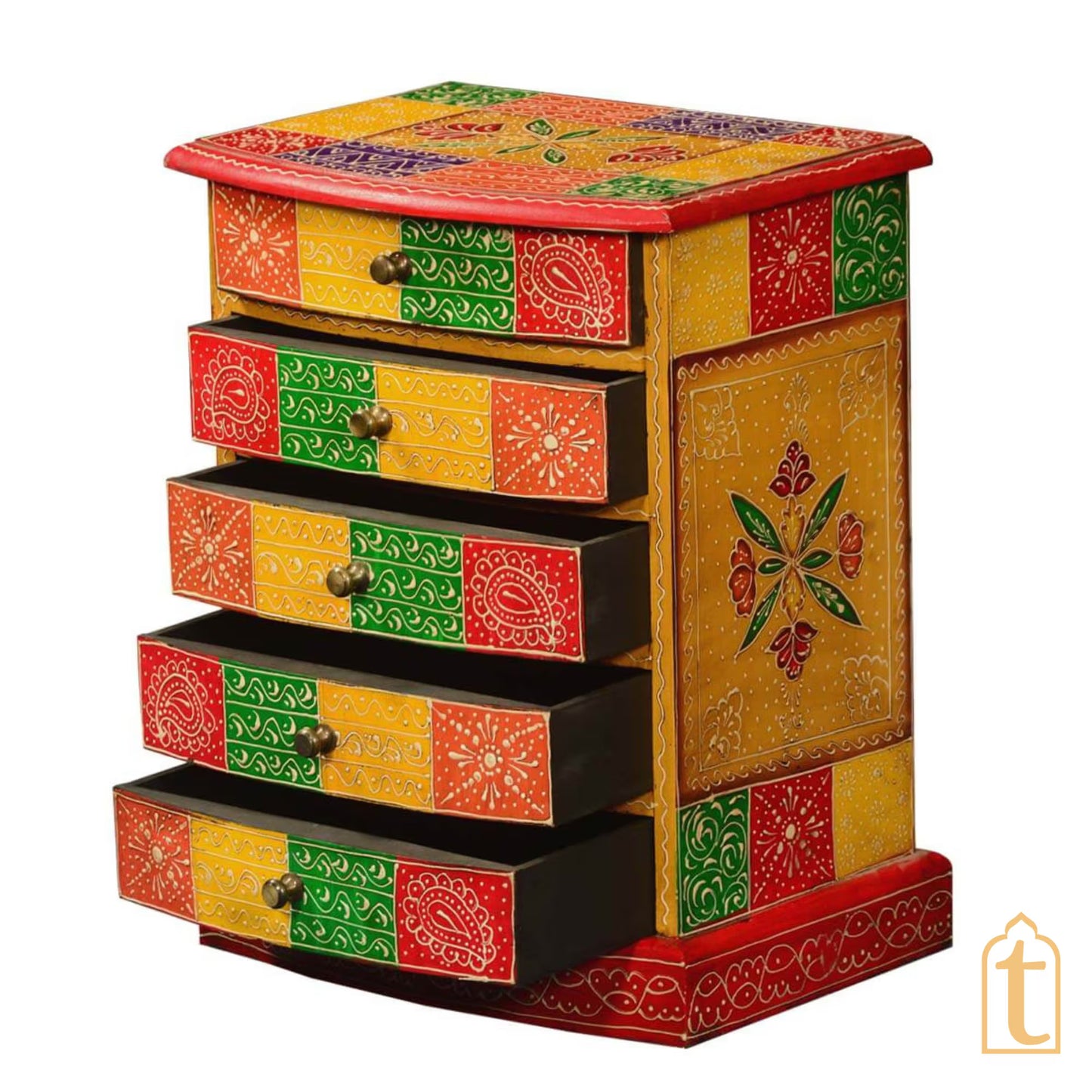 Indian Hand Painted Patches Mango Wood 5drawer Jewelry Box/Keepsake Cabinet Storage, Hand painted Cabinet Large Chest of Drawer/ Living Room