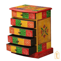 Indian Hand Painted Patches Mango Wood 5drawer Jewelry Box/Keepsake Cabinet Storage, Hand painted Cabinet Large Chest of Drawer/ Living Room
