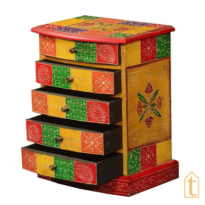 Indian Hand Painted Patches Mango Wood 5drawer Jewelry Box/Keepsake Cabinet Storage, Hand painted Cabinet Large Chest of Drawer/ Living Room