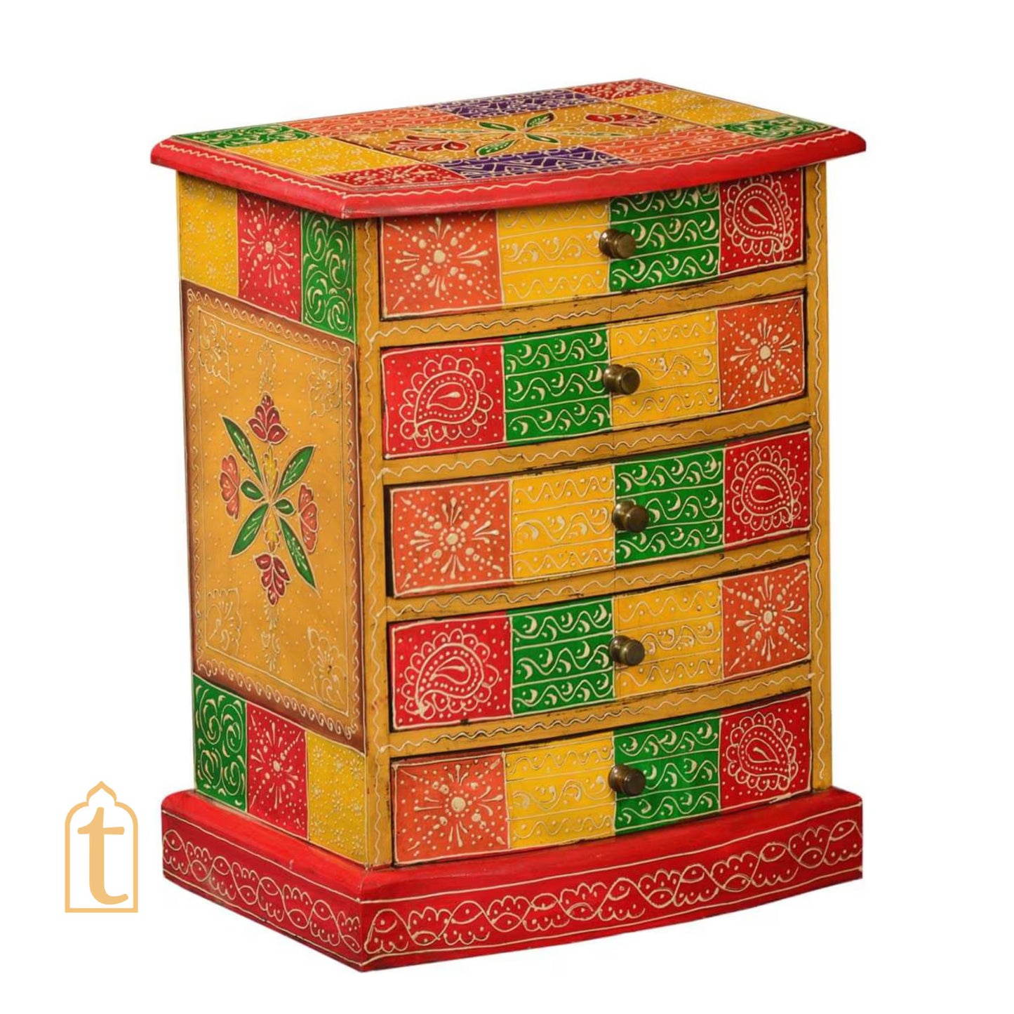 Indian Hand Painted Patches Mango Wood 5drawer Jewelry Box/Keepsake Cabinet Storage, Hand painted Cabinet Large Chest of Drawer/ Living Room