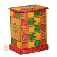 Indian Hand Painted Patches Mango Wood 5drawer Jewelry Box/Keepsake Cabinet Storage, Hand painted Cabinet Large Chest of Drawer/ Living Room
