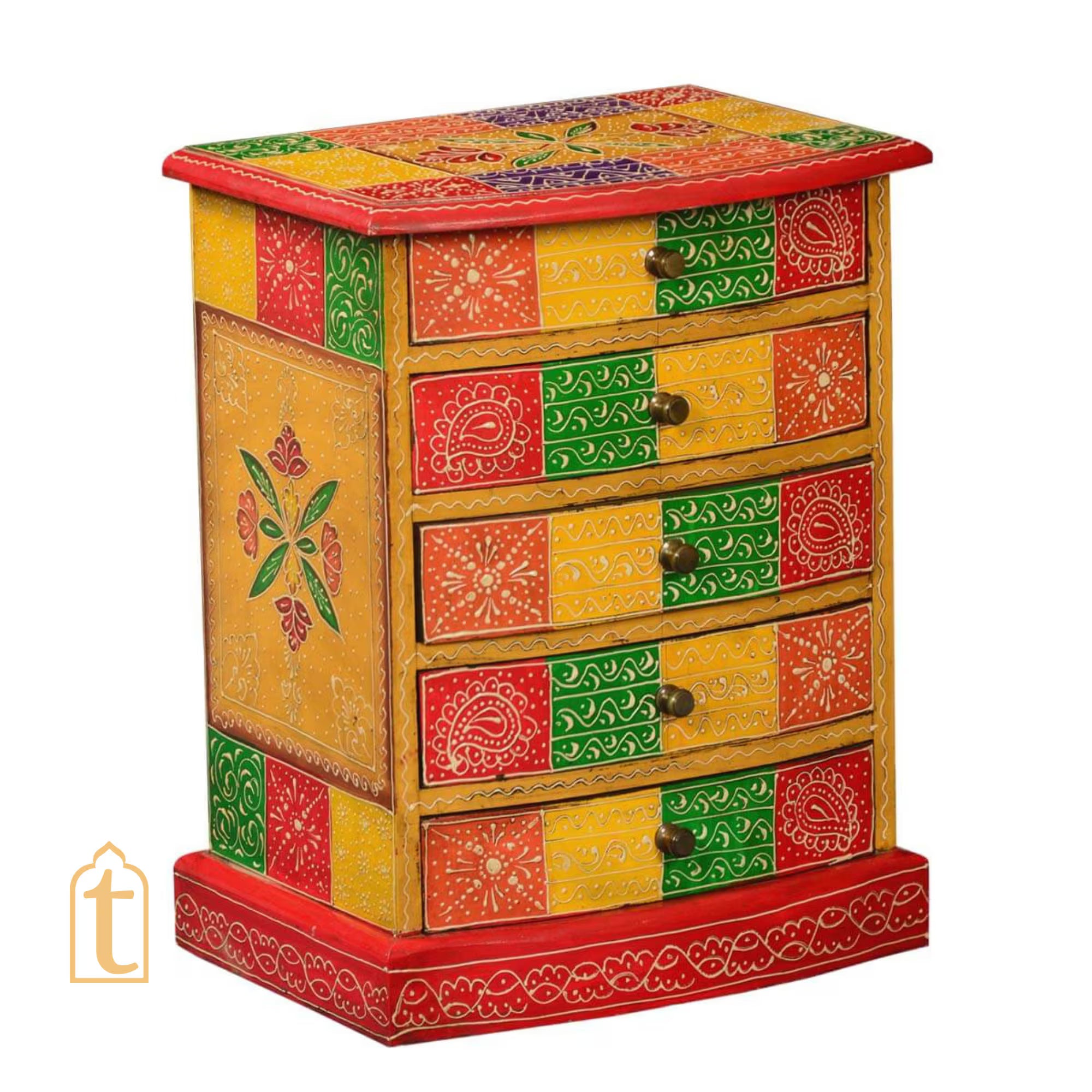 Indian Hand Painted Patches Mango Wood 5drawer Jewelry Box/Keepsake Cabinet Storage, Hand painted Cabinet Large Chest of Drawer/ Living Room
