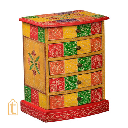 Indian Hand Painted Patches Mango Wood 5drawer Jewelry Box/Keepsake Cabinet Storage, Hand painted Cabinet Large Chest of Drawer/ Living Room