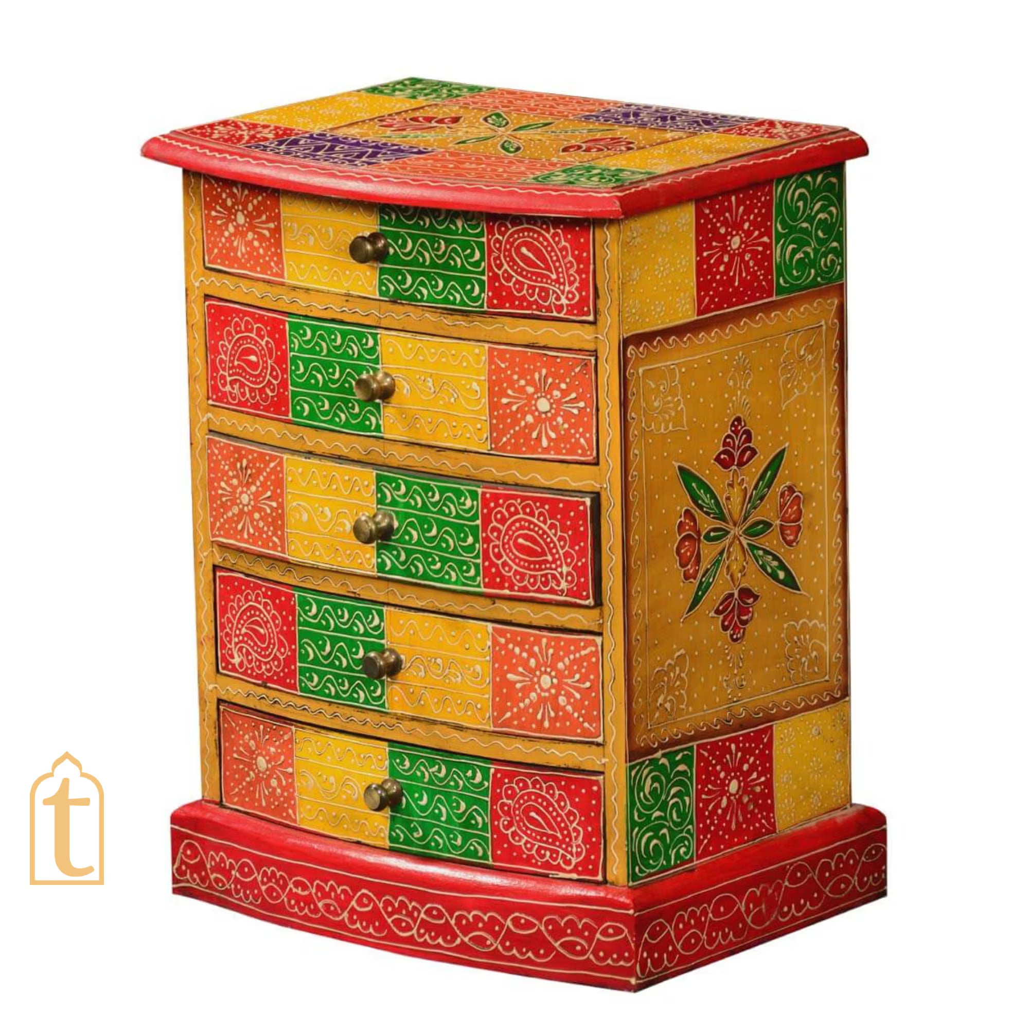 Indian Hand Painted Patches Mango Wood 5drawer Jewelry Box/Keepsake Cabinet Storage, Hand painted Cabinet Large Chest of Drawer/ Living Room