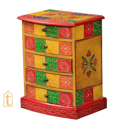 Indian Hand Painted Patches Mango Wood 5drawer Jewelry Box/Keepsake Cabinet Storage, Hand painted Cabinet Large Chest of Drawer/ Living Room