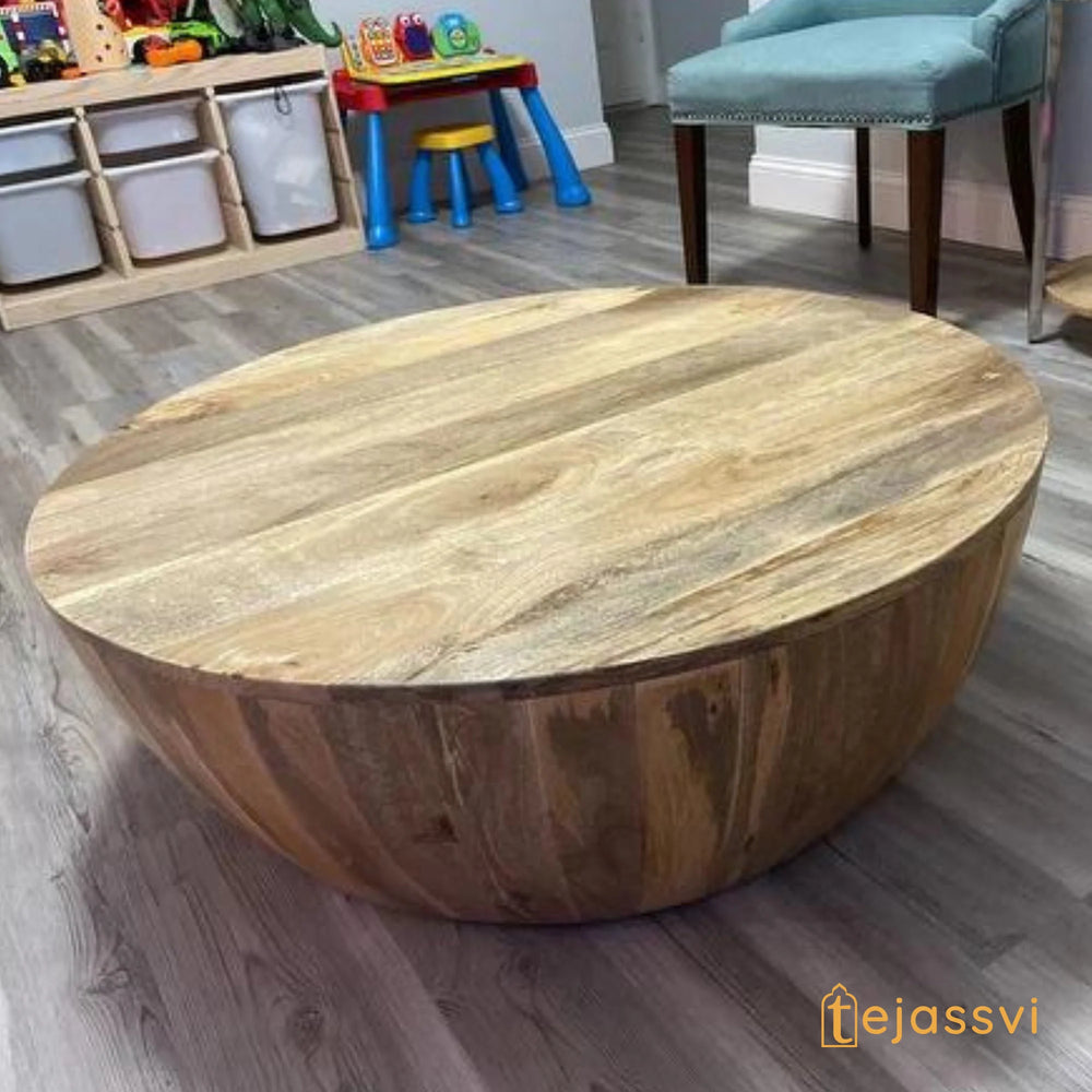 Coffee Table Wooden Cocktail Table / Unique Coffee Table Handmade Round Center Table Indian Handcrafted Art Drum Shape Living Room End Table