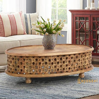 Wooden Coffee Table Oval Round Handmade Carved / Coffee Table Cocktail Table/ Tribal Carved Wood Coffee Table/ Home Decor Indian Art.