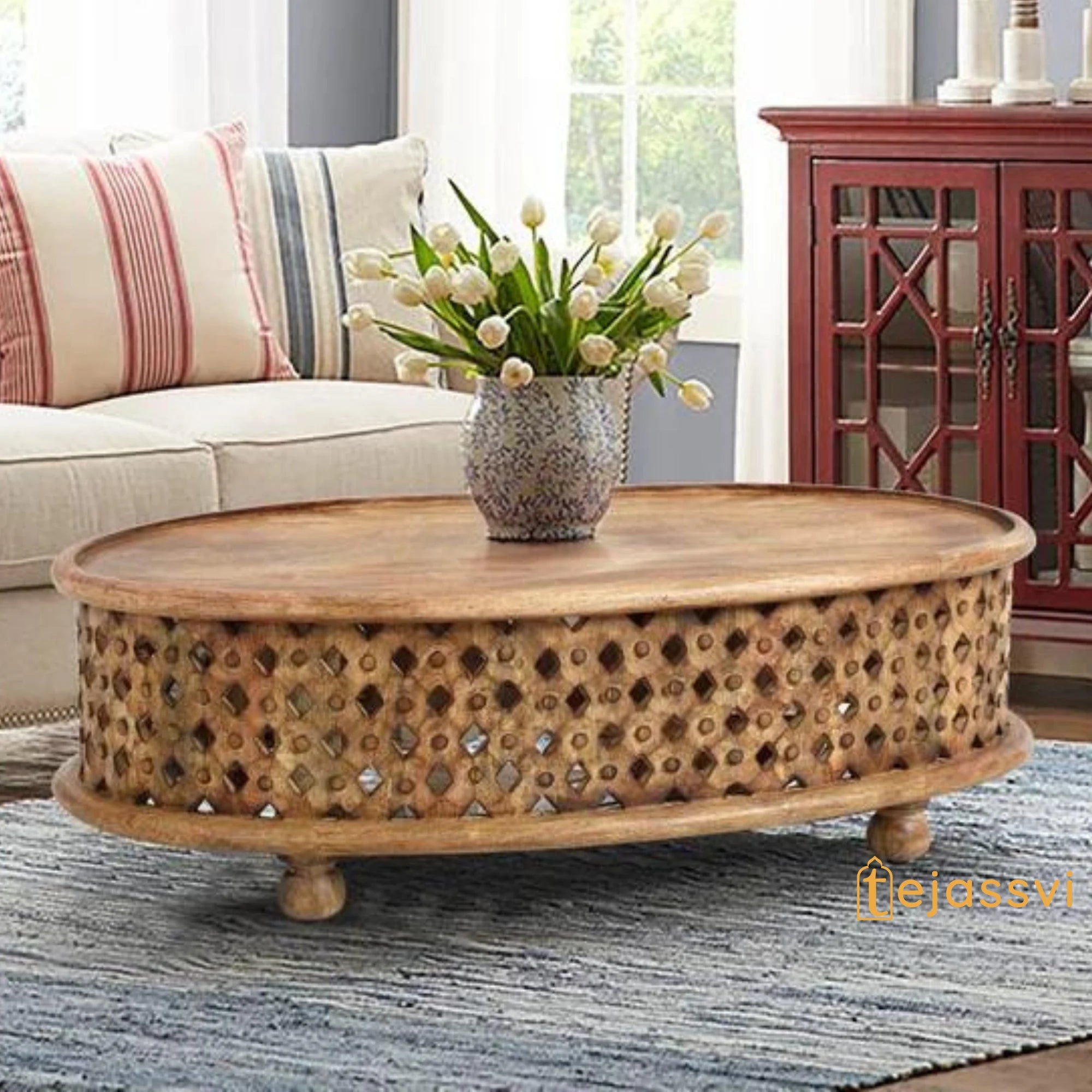 Wooden Coffee Table Oval Round Handmade Carved / Coffee Table Cocktail Table/ Tribal Carved Wood Coffee Table/ Home Decor Indian Art.