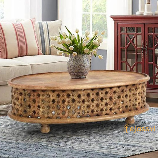 Wooden Coffee Table Oval Round Handmade Carved / Coffee Table Cocktail Table/ Tribal Carved Wood Coffee Table/ Home Decor Indian Art.