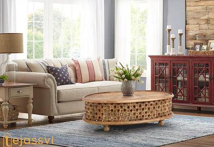 Wooden Coffee Table Oval Round Handmade Carved / Coffee Table Cocktail Table/ Tribal Carved Wood Coffee Table/ Home Decor Indian Art.