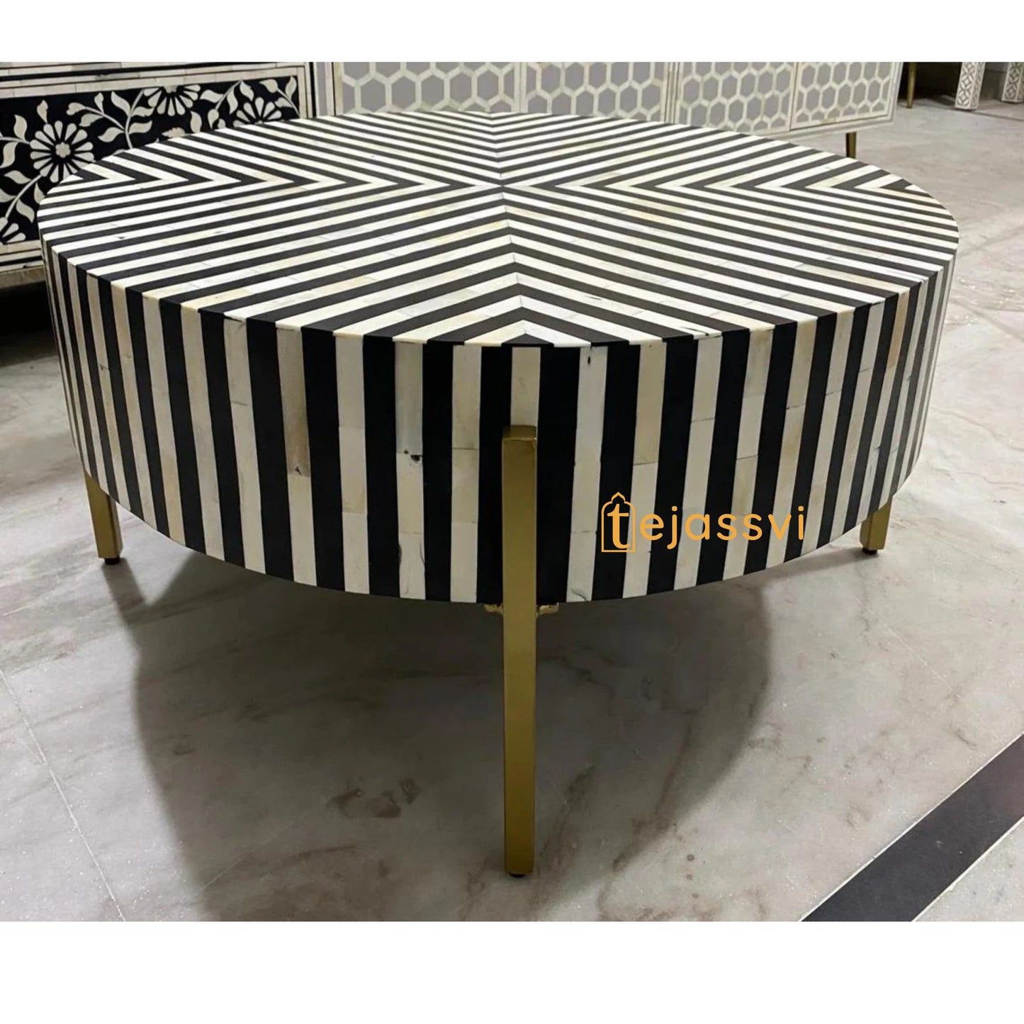 BONE Inlay Round Coffee Table / Centre Table, Bone Inlay Floral Round Coffee Table Handmade Bone Inlay Modern Pattern Furniture.