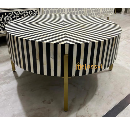BONE Inlay Round Coffee Table / Centre Table, Bone Inlay Floral Round Coffee Table Handmade Bone Inlay Modern Pattern Furniture.