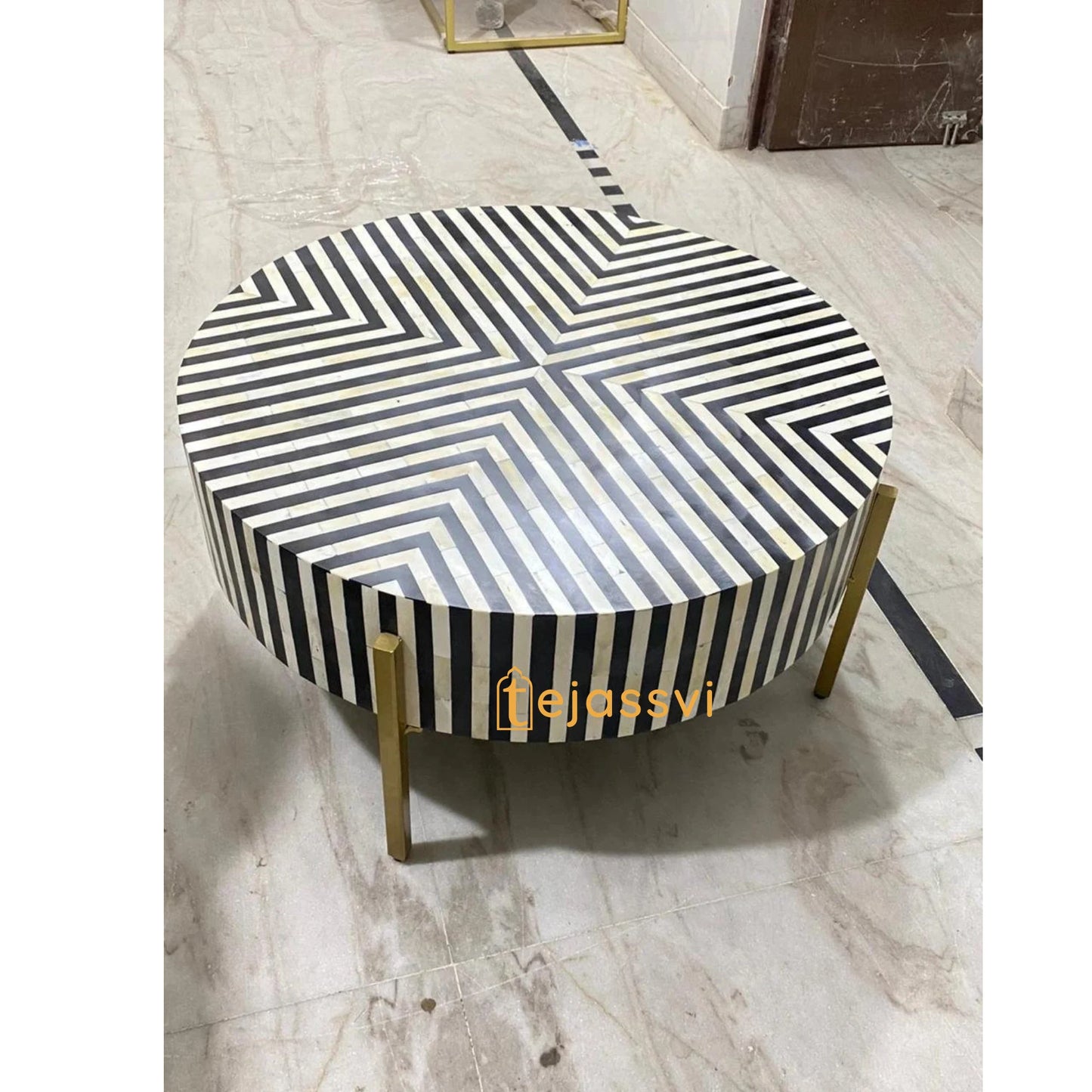 BONE Inlay Round Coffee Table / Centre Table, Bone Inlay Floral Round Coffee Table Handmade Bone Inlay Modern Pattern Furniture.