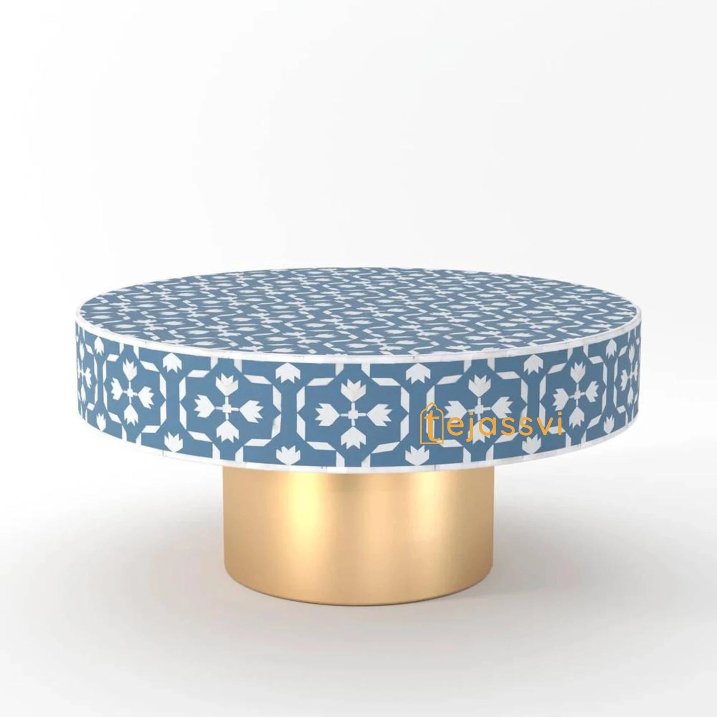 BONE Inlay Round Coffee Table/Centre Table, Bone Inlay Floral Round Coffee Table Handmade Bone Inlay Modern Pattern Furniture Cocktail Table