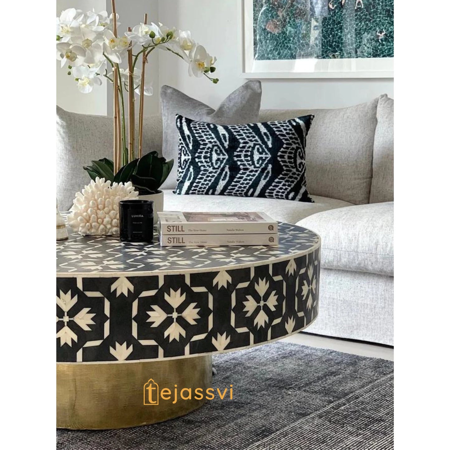 BONE Inlay Round Coffee Table/Centre Table, Bone Inlay Floral Round Coffee Table Handmade Bone Inlay Modern Pattern Furniture Cocktail Table