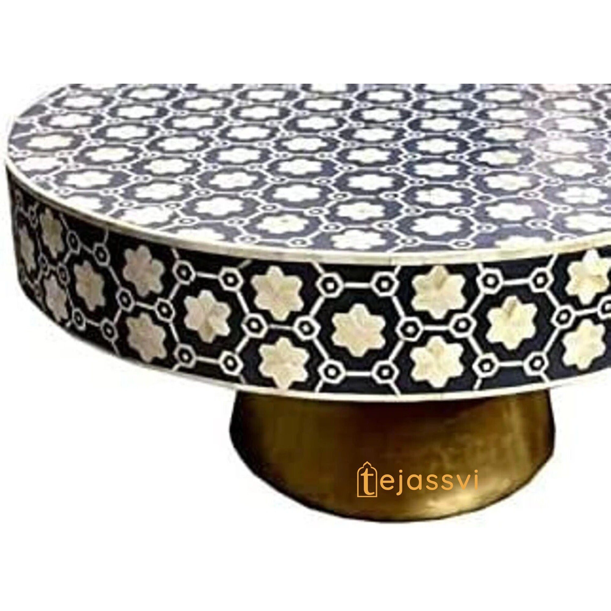 Wooden Floral Design Coffee Table / Center Table / Bone Inlay Round Coffee Table / Wooden Coffee Table / Bone Inlay Cocktail Table / MOP Inlay Table.