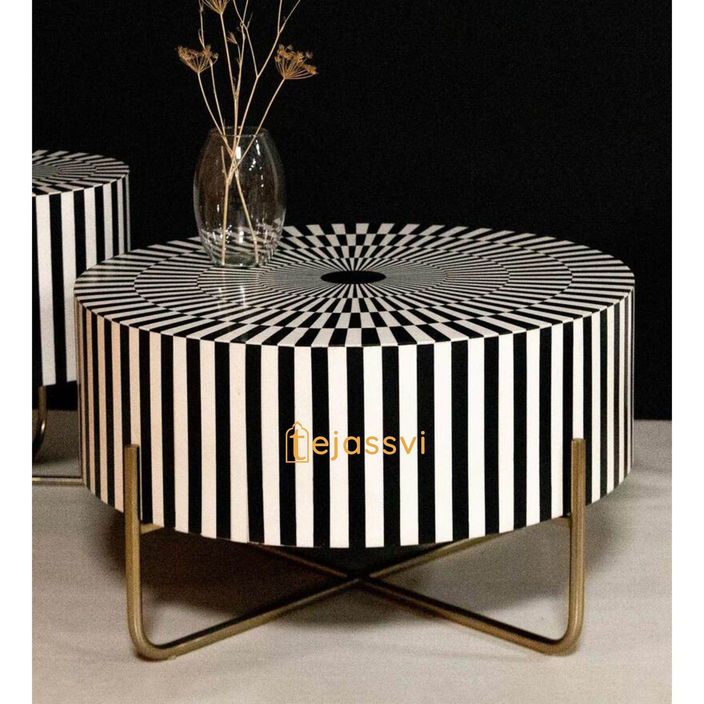 BONE Inlay Round Coffee Table / Centre Table, Bone Inlay Stripped Design Round Coffee Table Handmade Bone Inlay Modern Pattern Furniture .