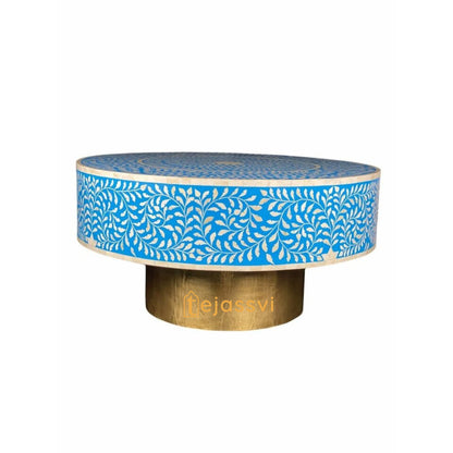 Wooden Floral Blue Round Coffee Table/Bone Inlay Coffee Table/Wooden Center Table/Bone Inlay Table/Centre Table, Bone Inlay Cocktail Table.