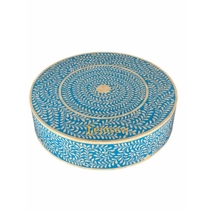 Wooden Floral Blue Round Coffee Table/Bone Inlay Coffee Table/Wooden Center Table/Bone Inlay Table/Centre Table, Bone Inlay Cocktail Table.
