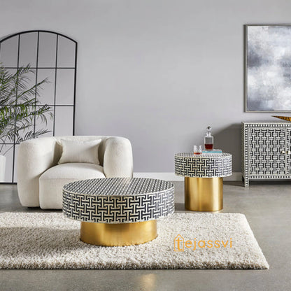 Wooden Handmade Bone Inlay Coffee Table | Center table, BONE INLAY TABLE, Round Coffee Table, strip Black Centre Table, Bone Inlay  Cocktail Table.