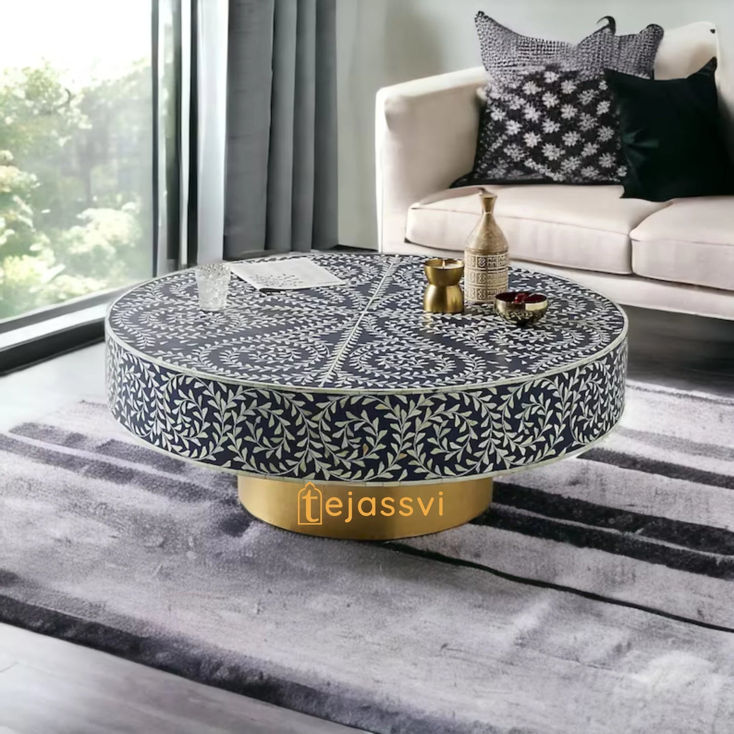 BONE Inlay Round Coffee Table/Centre Table,/Bone Inlay Floral Round Coffee Table Handmade Bone Inlay Modern Pattern Furniture Cocktail Table